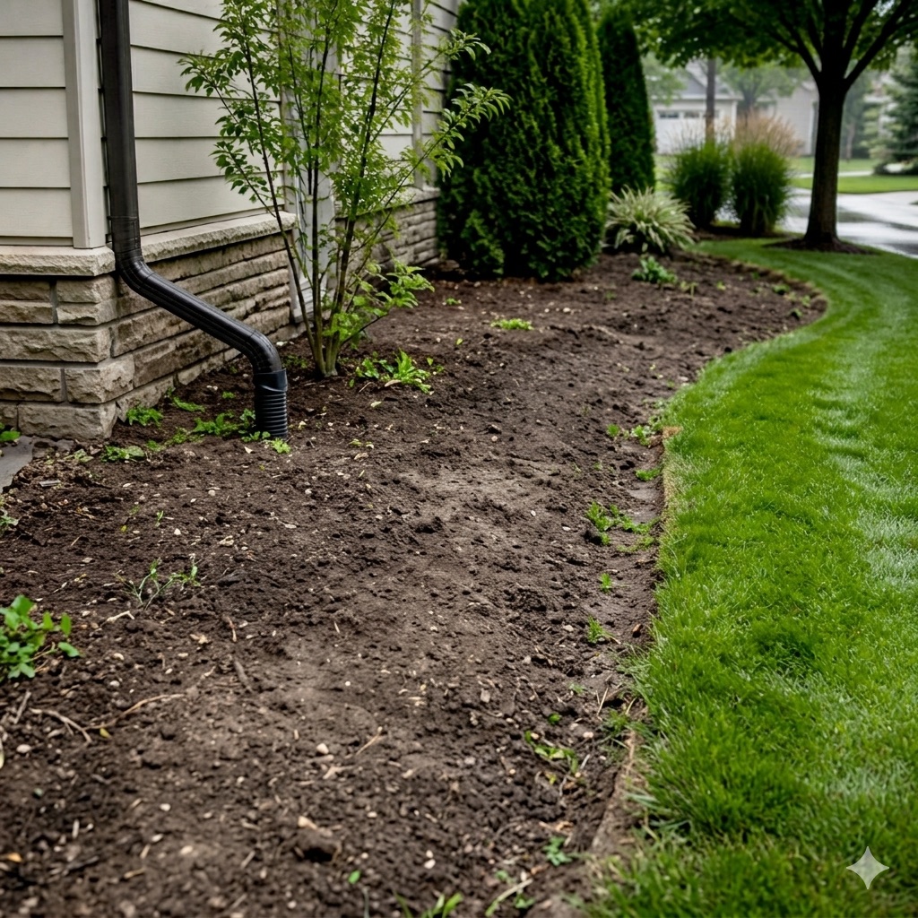 Before: bare soil below a downspout beside the lawn