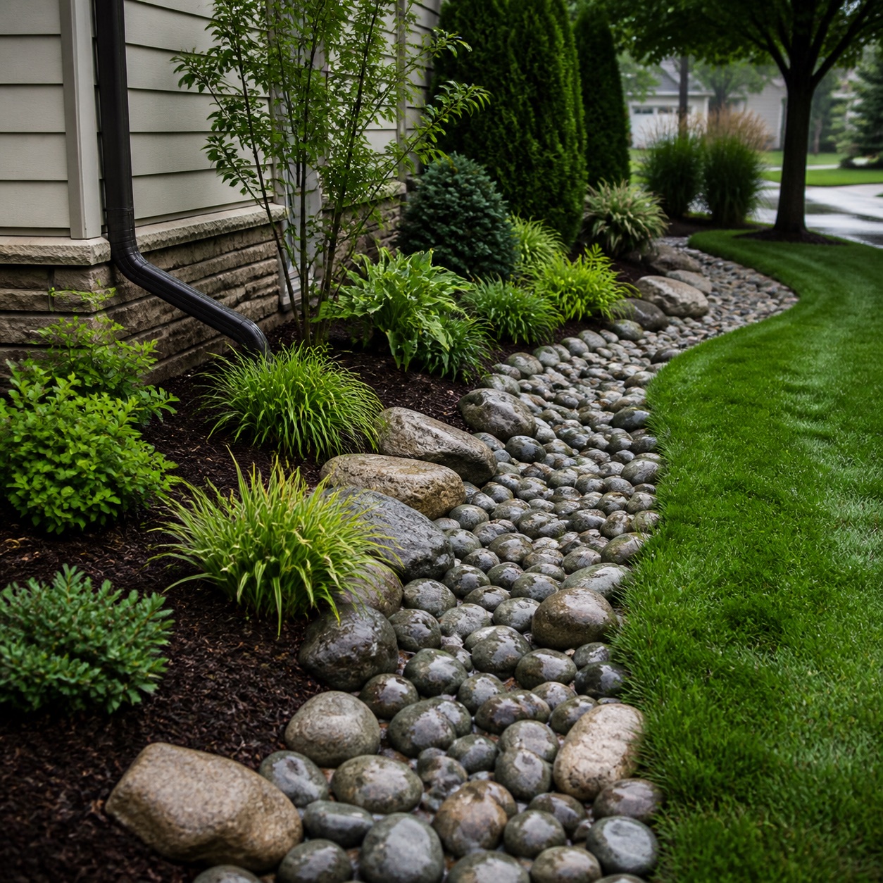River stone drainage swale beside a home