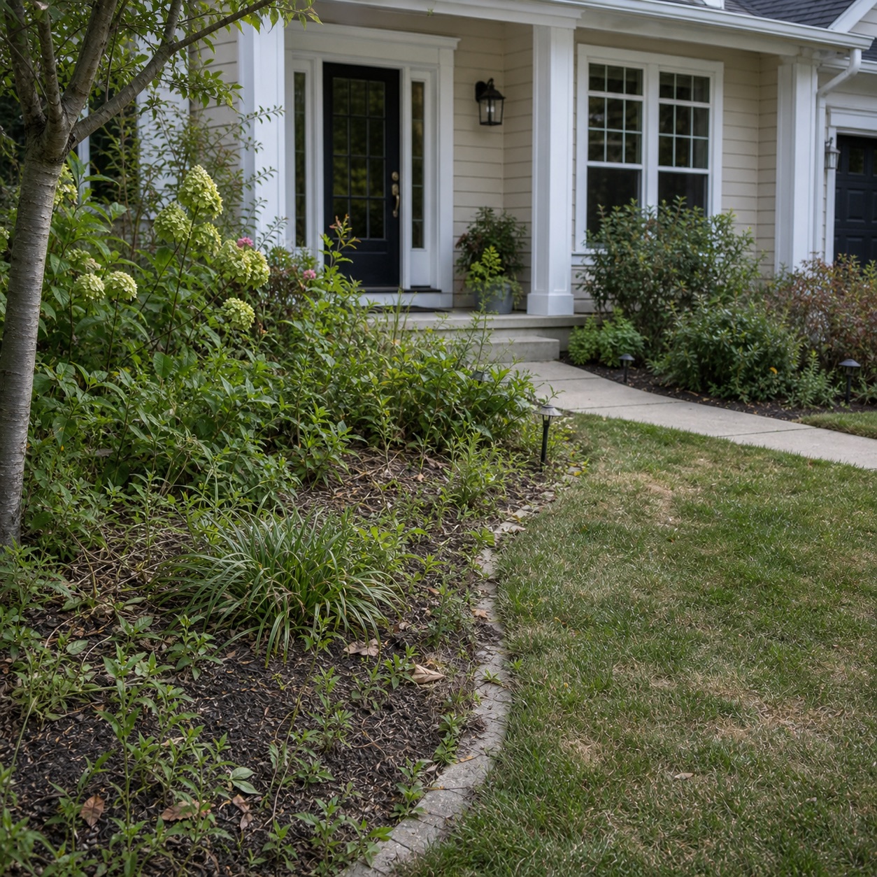 Before: overgrown entry garden bed with patchy lawn