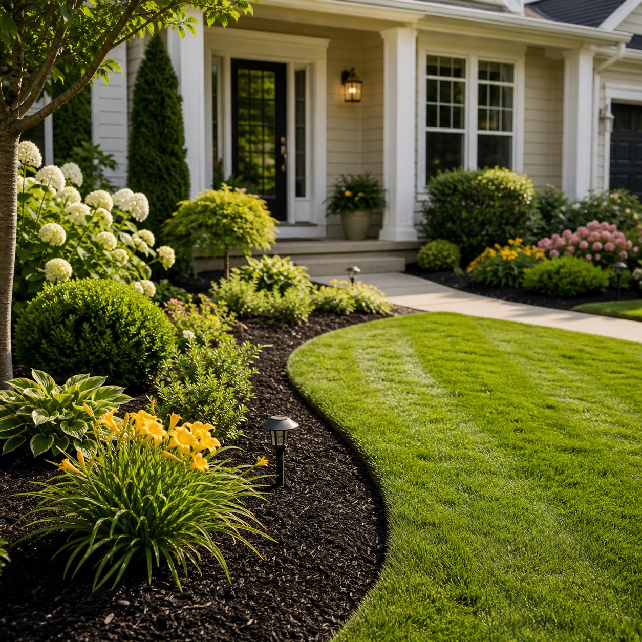Fresh front entry garden bed and striped lawn