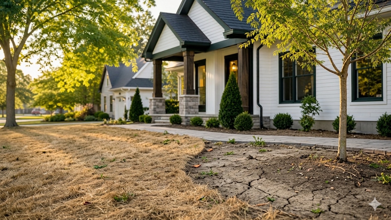 Before: dry front lawn and bare planting beds