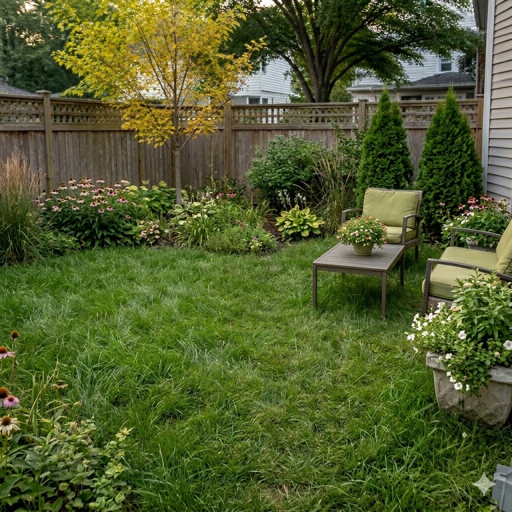 Before: overgrown backyard lawn with scattered seating
