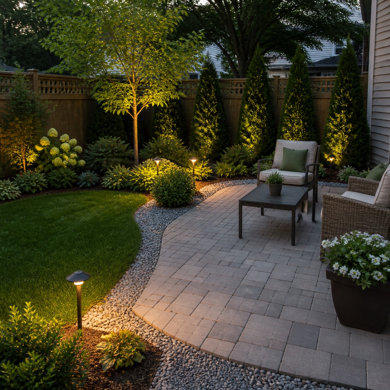 Backyard paver patio with evergreen planting and path lights