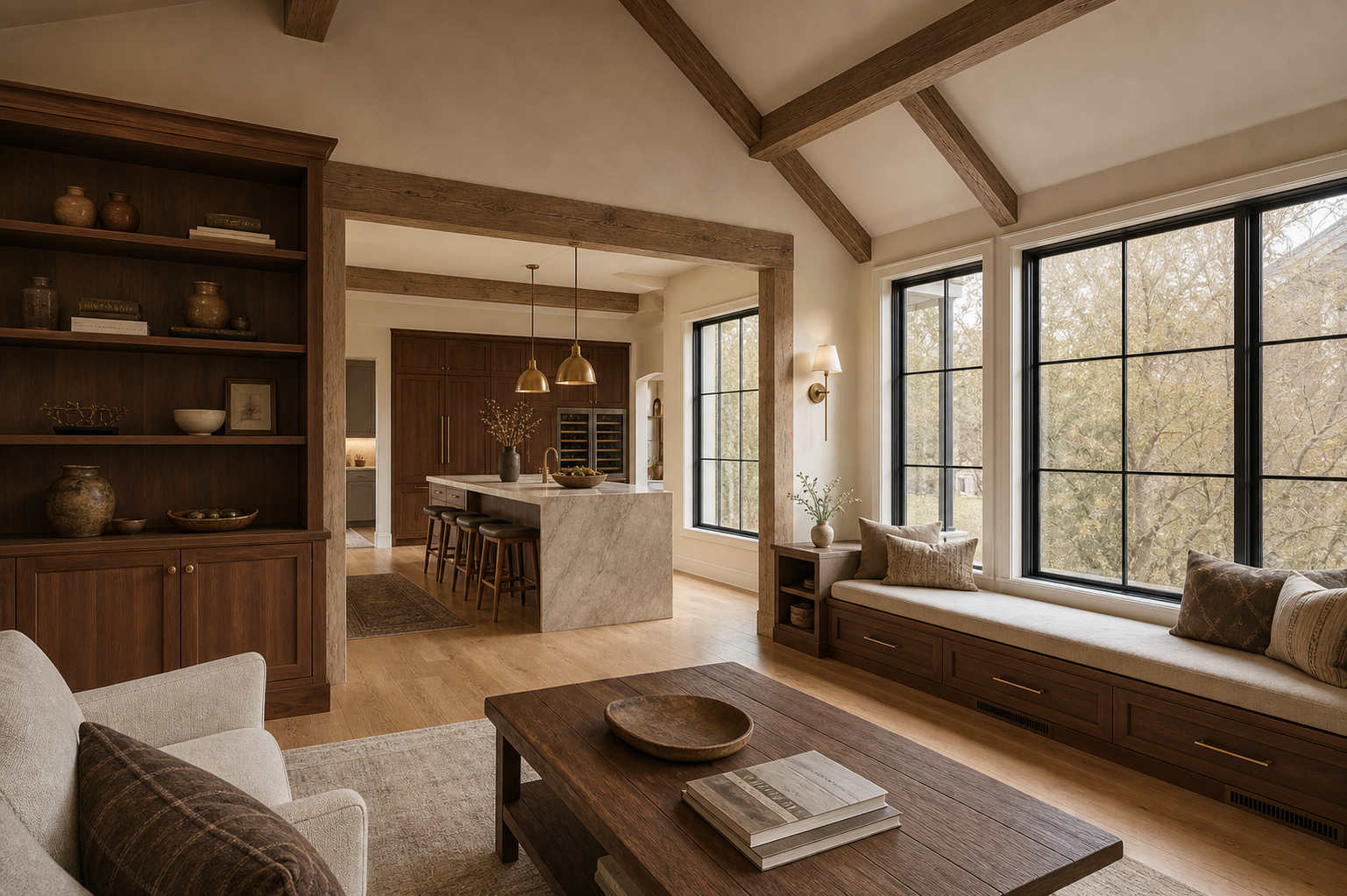 Light-filled home addition with wood trim and large windows