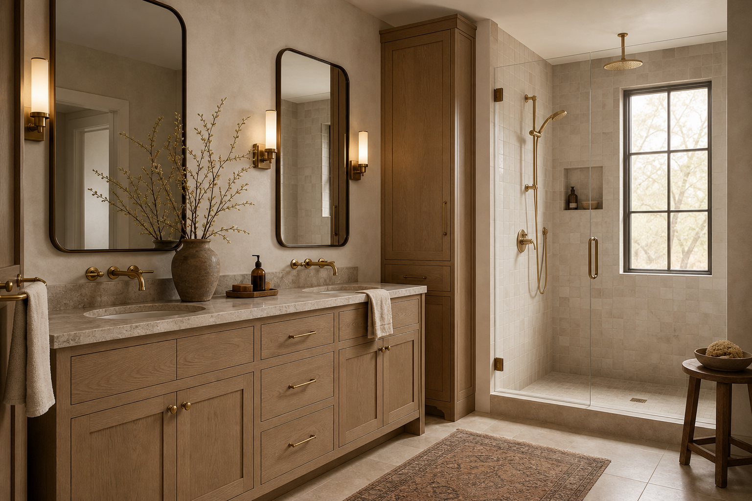 Warm stone bathroom with custom vanity and walk-in shower