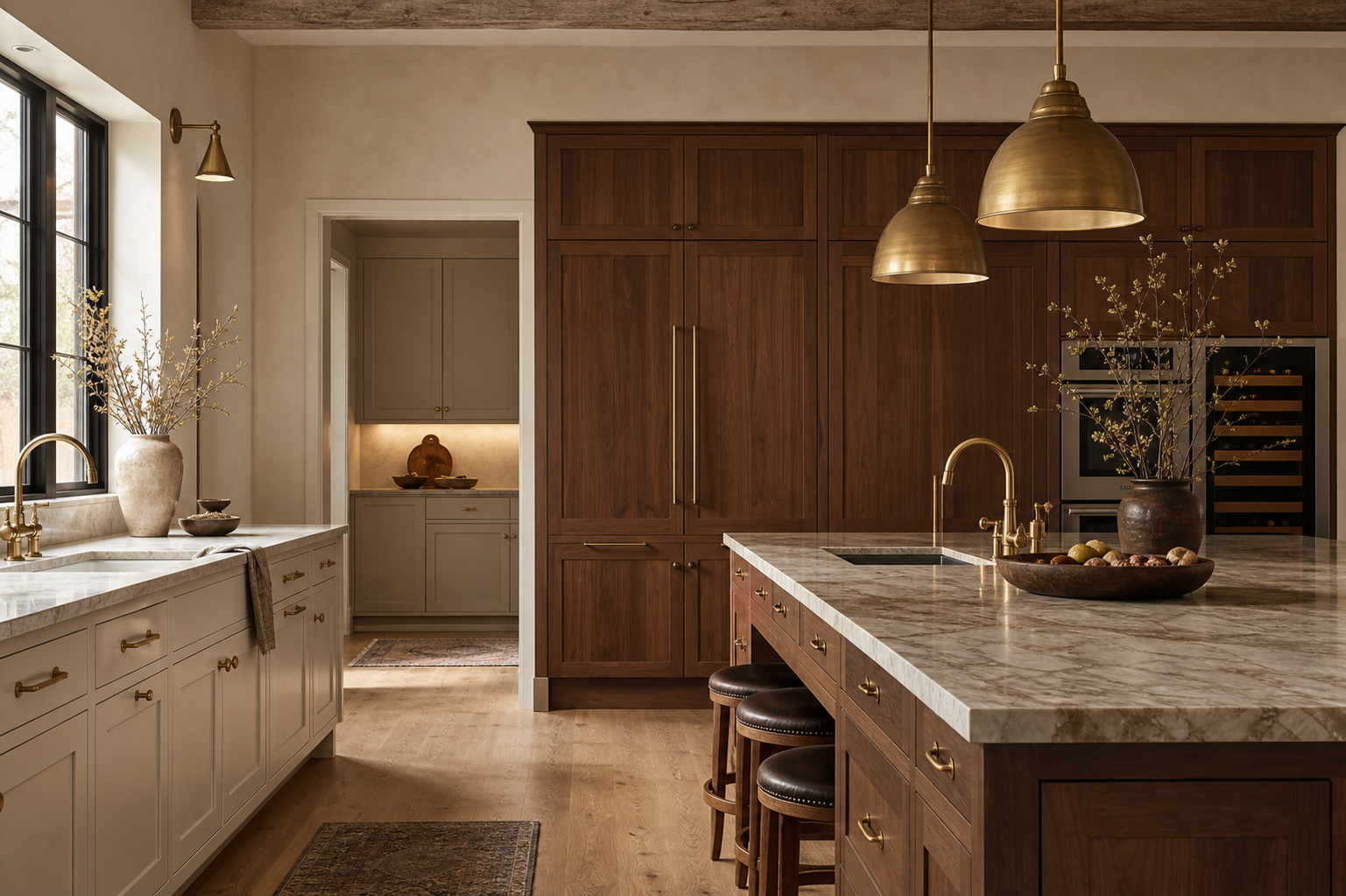 Finished custom kitchen with walnut cabinetry, stone counters, and warm architectural lighting