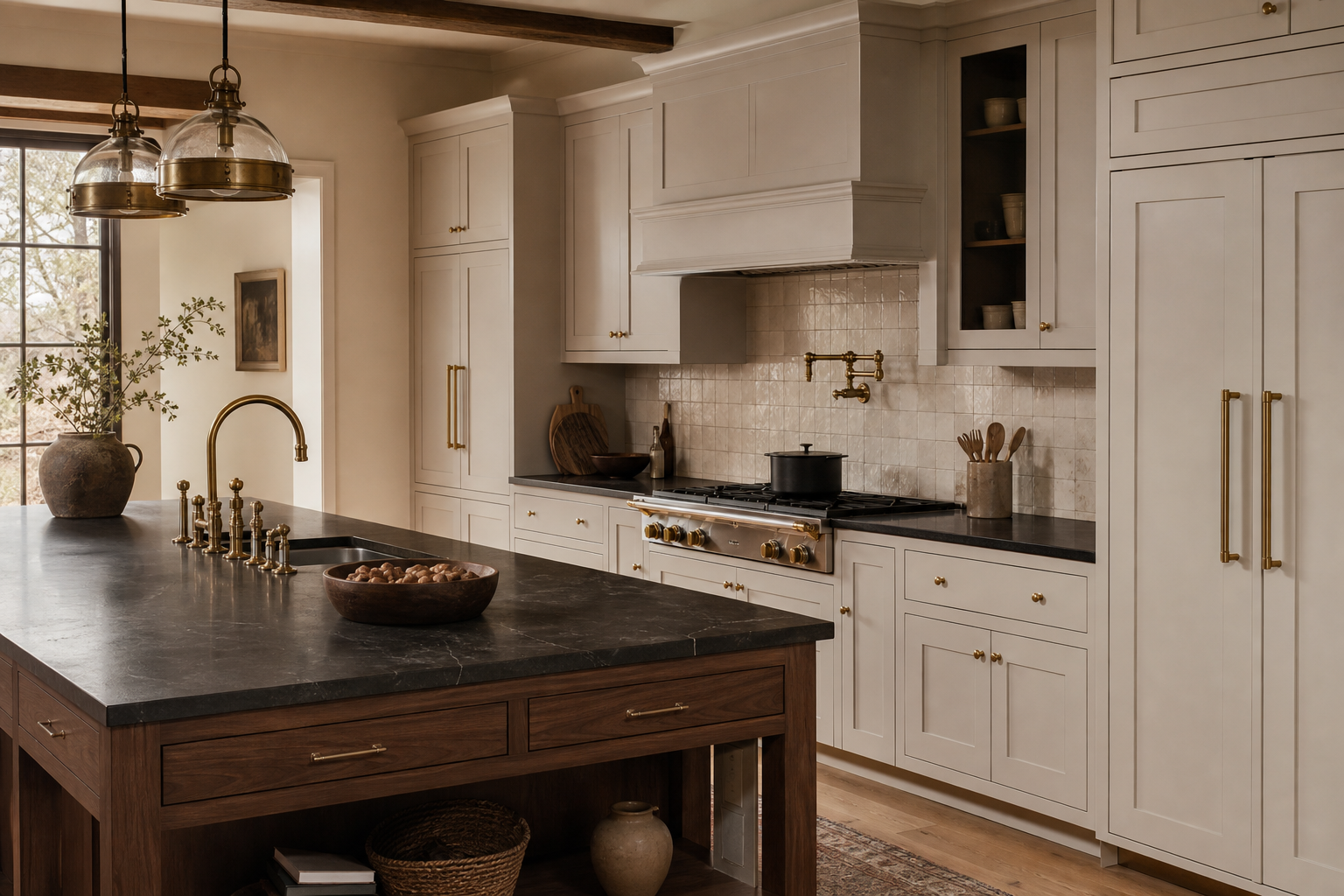 Custom kitchen island with paneled millwork and integrated storage