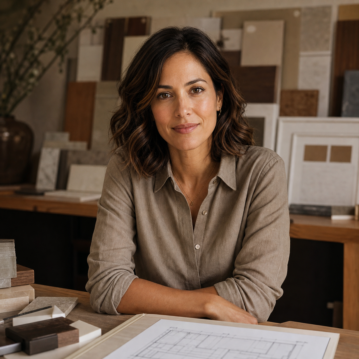 Portrait of Lena Ortiz, project designer reviewing material samples