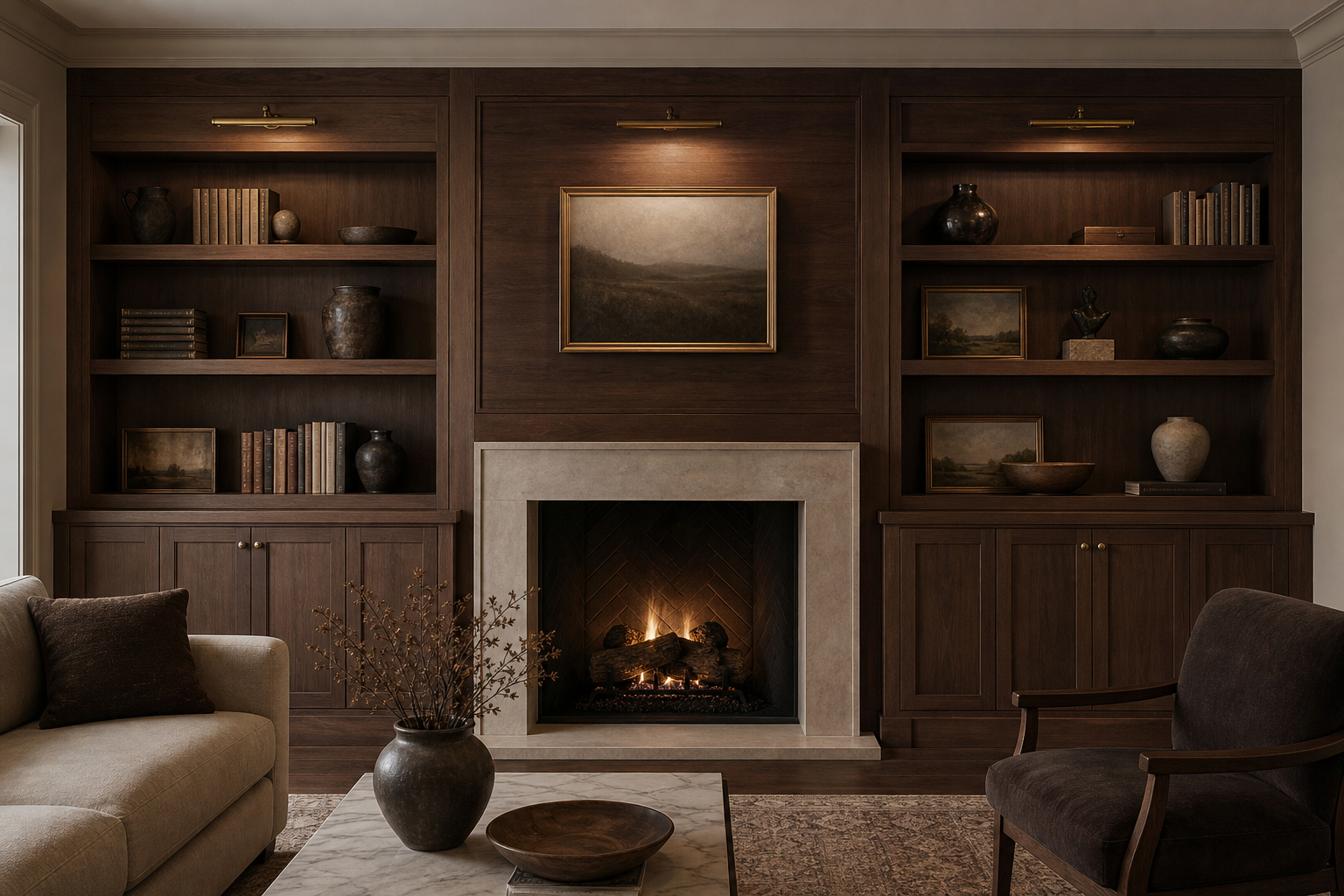Wall of custom library built-ins in warm wood with integrated lighting