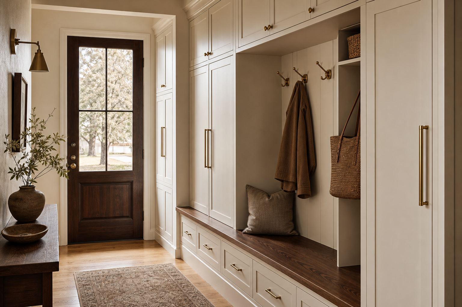 Warm remodeled entry with custom millwork, bench storage, and paneled walls