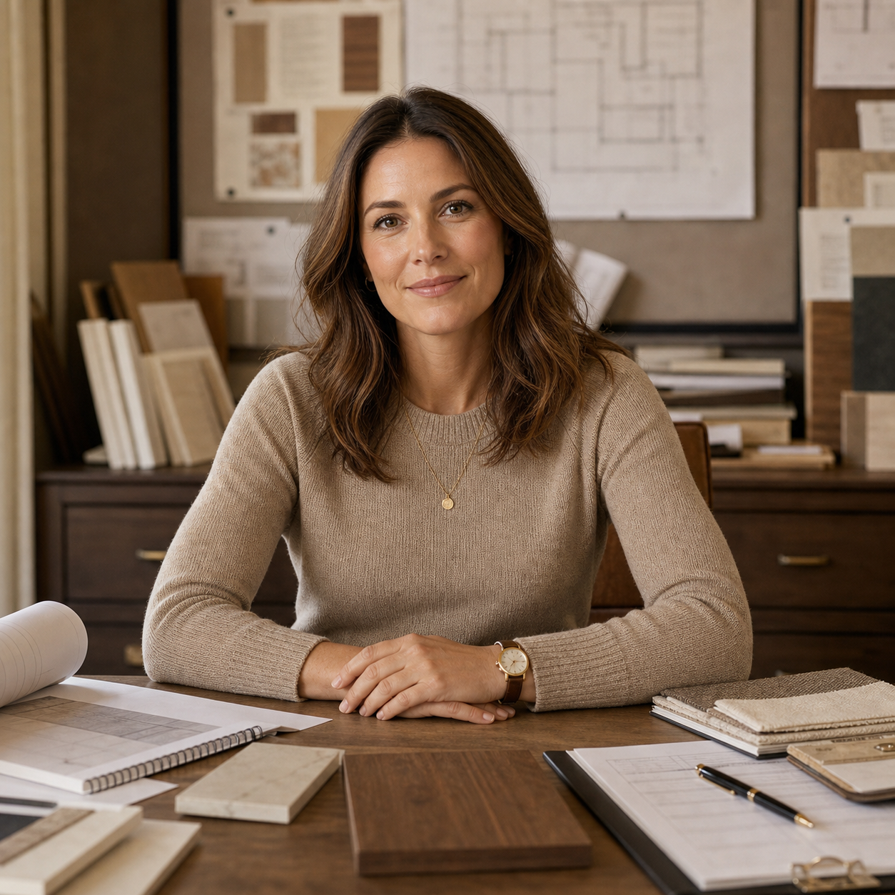 Portrait of Nora Finch, project coordinator with schedule documents