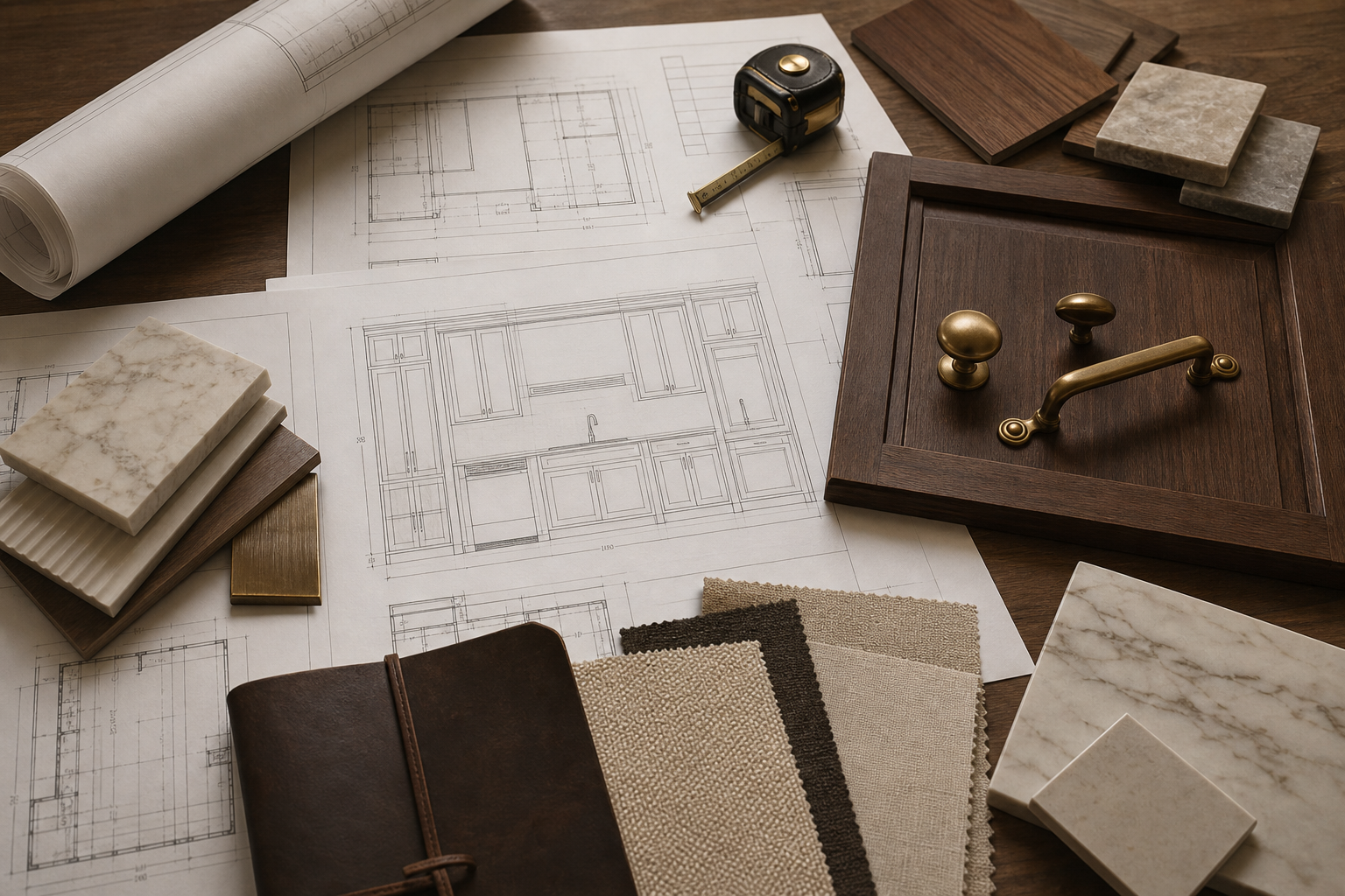 Architectural drawings, cabinet samples, brass hardware, and tile selections on a remodeling planning table