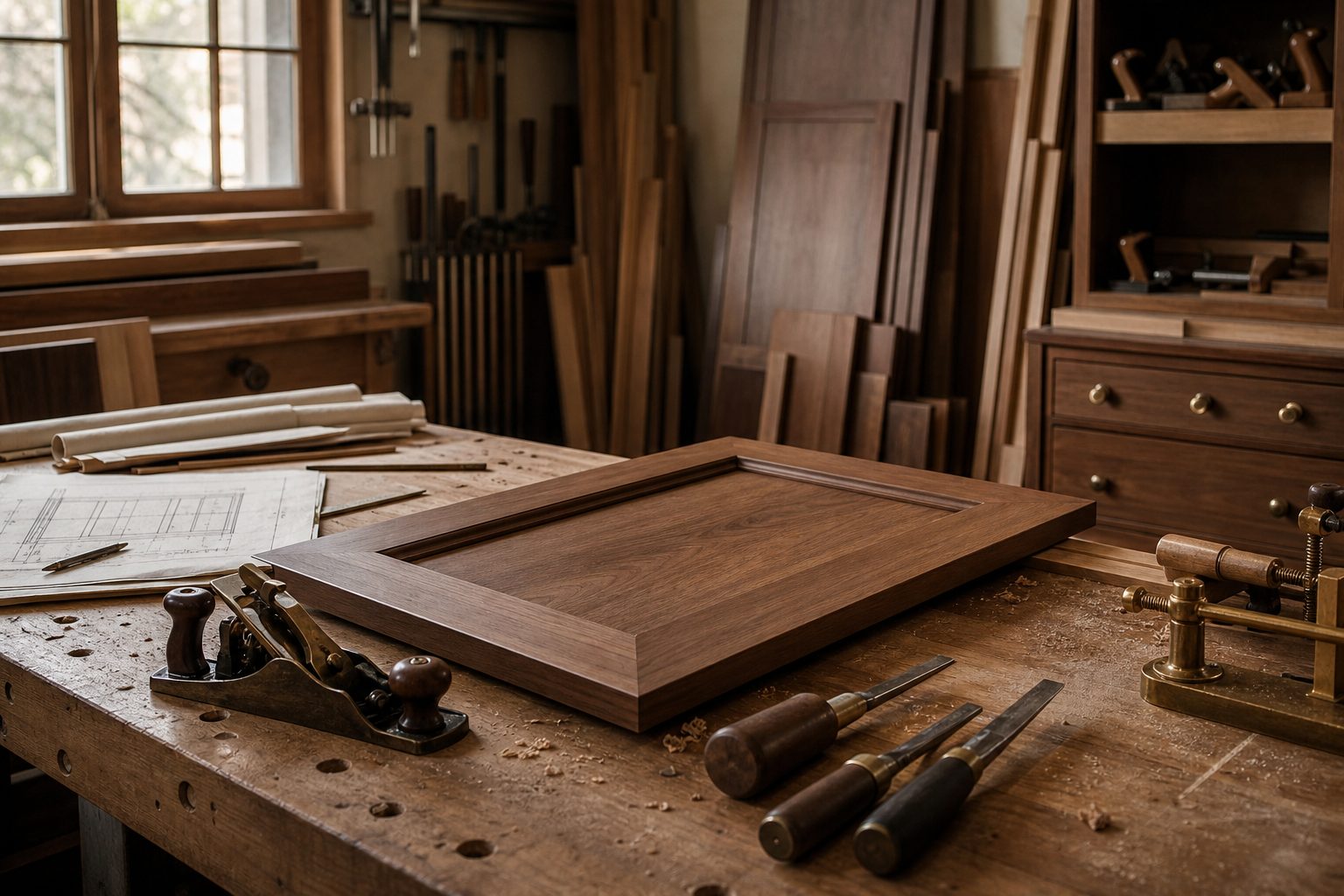 Warm fine carpentry workshop with cabinet parts, hand tools, drawings, and walnut boards