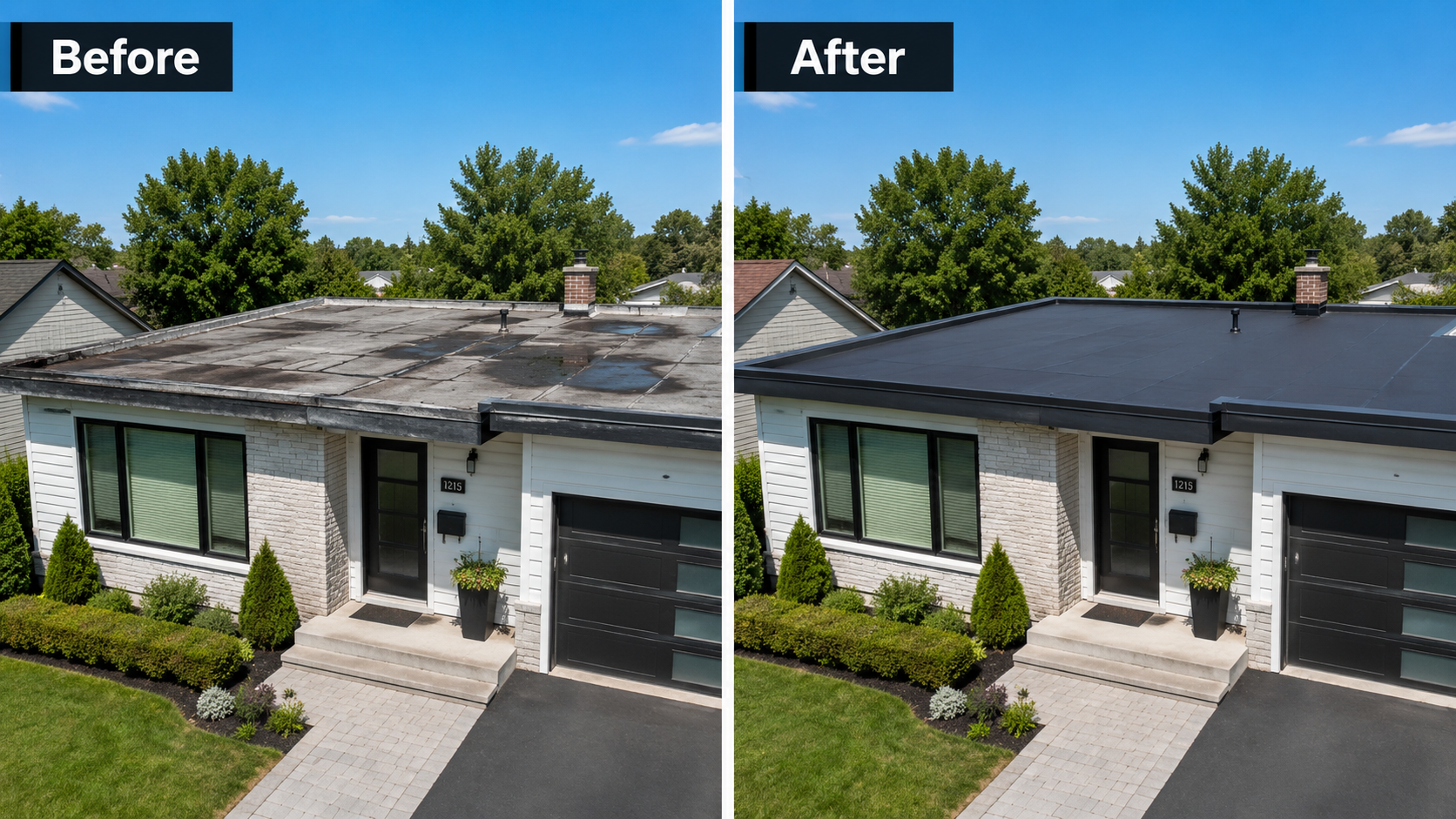 Before and after flat roof replacement