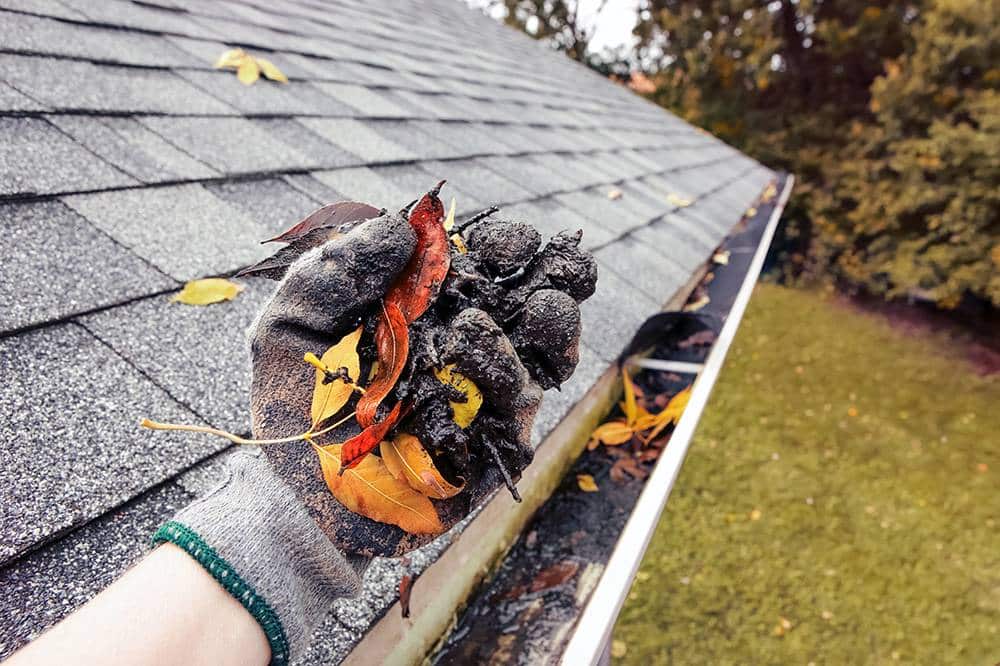 Gutter cleaning with debris removed from an eavestrough