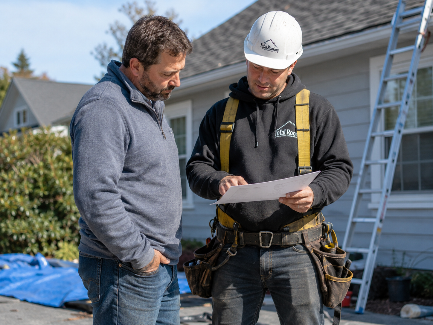Maintenance plan consultation beside a residential roof