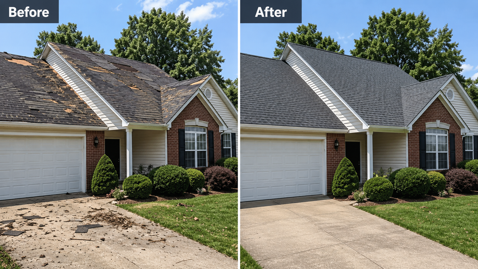 Before and after storm damage roof repair